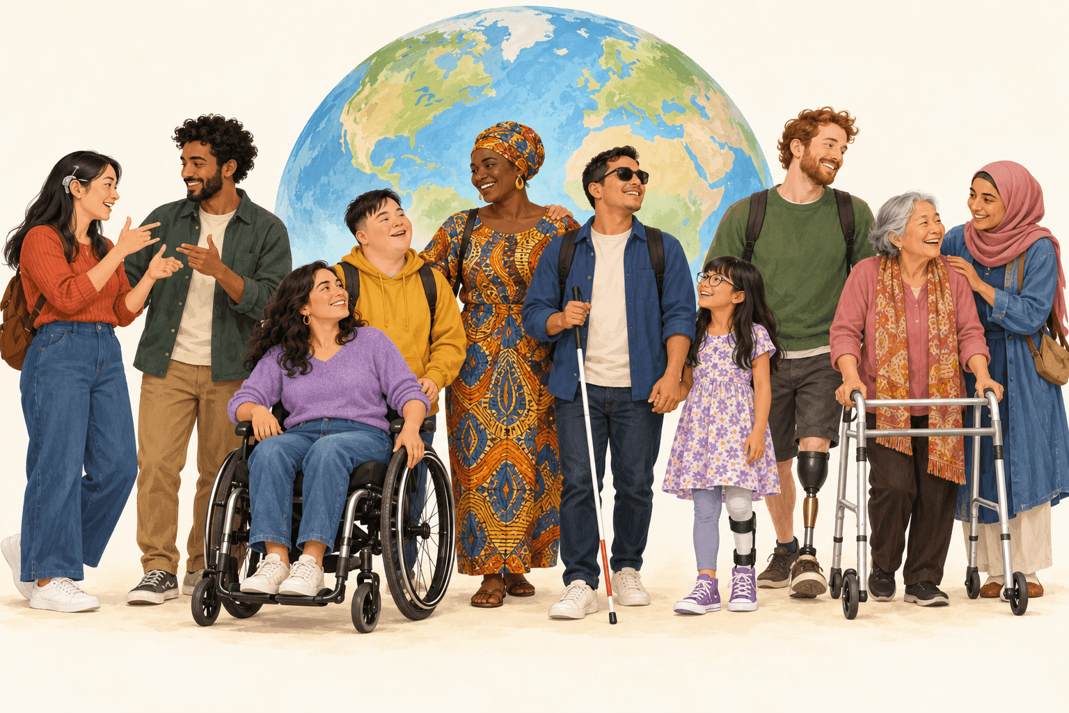 Illustration of a diverse group of people, including people using a wheelchair, a white cane, a prosthetic leg, a walker, and a hearing device, standing together in front of a globe.